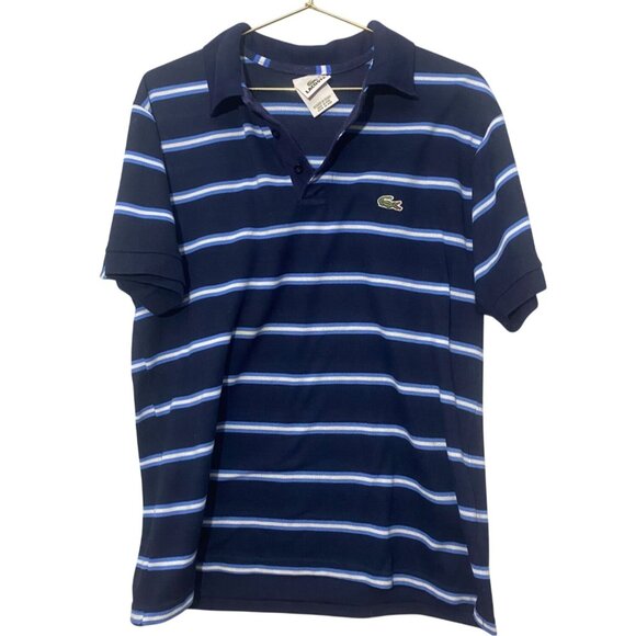 Lacoste Mens Polo Shirt Size 5 Large Navy Blue and Light Blue Striped Cotton Pol - Picture 1 of 4